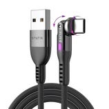A USB to USB-C charging cable with a 360-degree rotating connector, featuring a nylon braided design for durability.