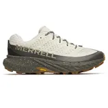 Merrell trail running shoe with a beige and dark gray color scheme, featuring a Vibram sole and speckled midsole design.