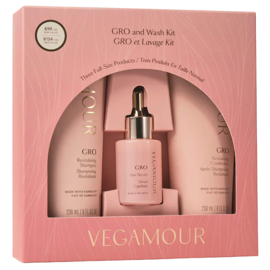 VEGAMOUR GRO and Wash Kit includes a Revitalizing Shampoo, Revitalizing Conditioner (both 236 ml), and a Hair Serum. The packaging highlights a value of $134, offered at $99.