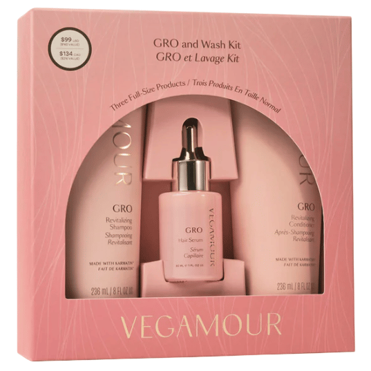 VEGAMOUR GRO and Wash Kit includes a Revitalizing Shampoo, Revitalizing Conditioner (both 236 ml), and a Hair Serum. The packaging highlights a value of $134, offered at $99.