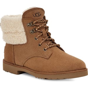 A brown suede lace-up boot with a plush lining visible at the top and a rubber sole, branded with UGG on the tongue.
