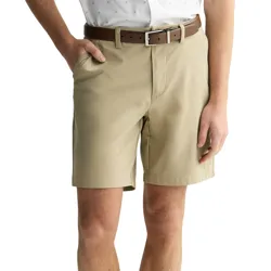 Khaki shorts with a brown belt and a white button-up shirt.