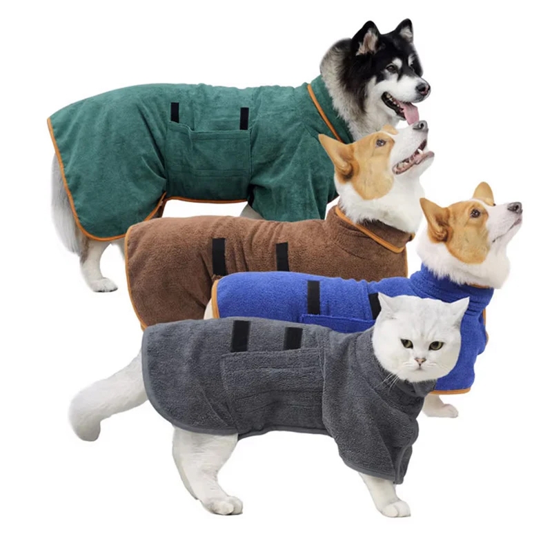 Four animals, including a dog and a cat, are wearing hooded pet towels in green, brown, blue, and gray.