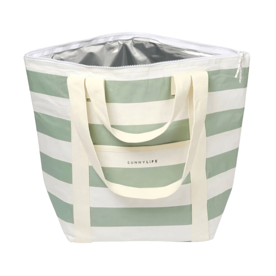 A green and white striped insulated cooler tote bag with sturdy fabric handles and a front pocket, suitable for keeping items cool.