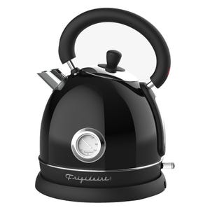 Black electric kettle with a temperature gauge on the side, smooth rounded design, chrome accents, and a large curved handle on top.
