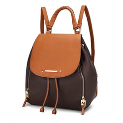 A brown and black leather backpack with zipper details and adjustable straps.