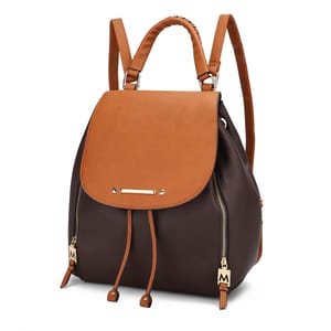 A brown and black leather backpack with zipper details and adjustable straps.