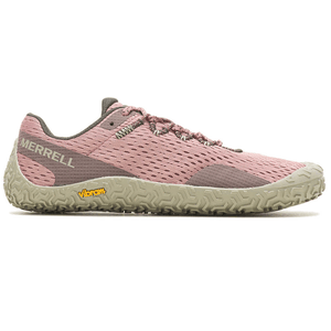 Merrell minimalist trail running shoe in pink and grey with a Vibram sole, designed for outdoor activities.