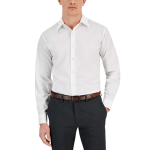 A man is wearing a white long-sleeve dress shirt, dark trousers, and a brown belt.