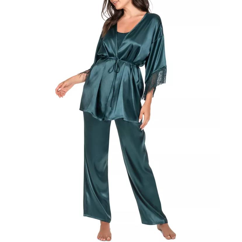 Teal satin sleep set with a belted robe featuring fringe-trimmed sleeves, a matching tank top, and wide-legged pants for a stylish and comfortable look.