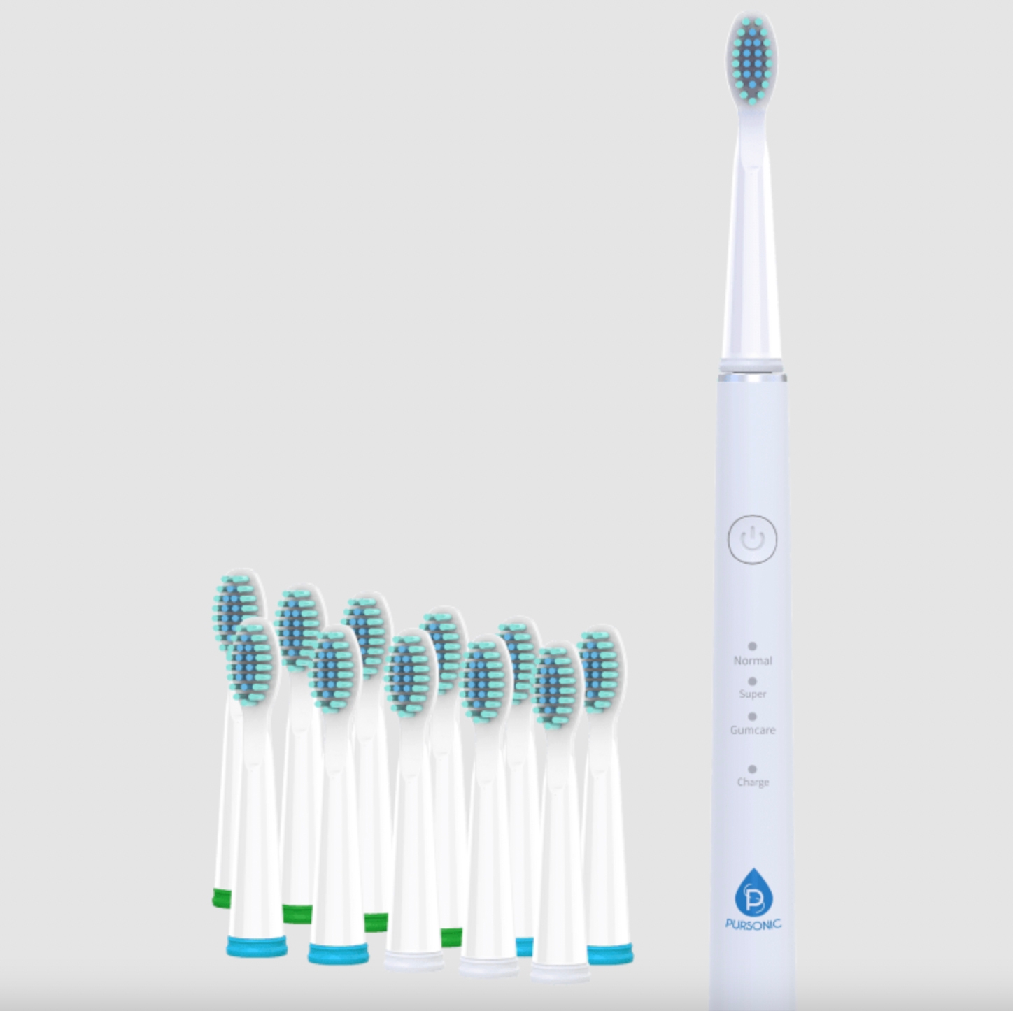 An electric toothbrush displayed alongside multiple brush heads with various bristle colors.