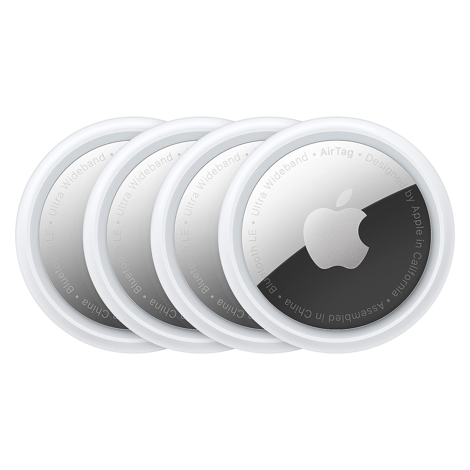 A stack of four white and silver circular tracking devices with a prominent logo in the center.