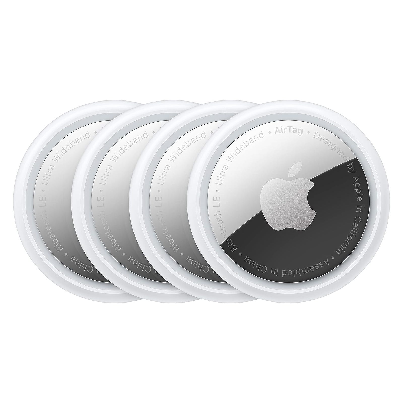 A stack of four white and silver circular tracking devices with a prominent logo in the center.
