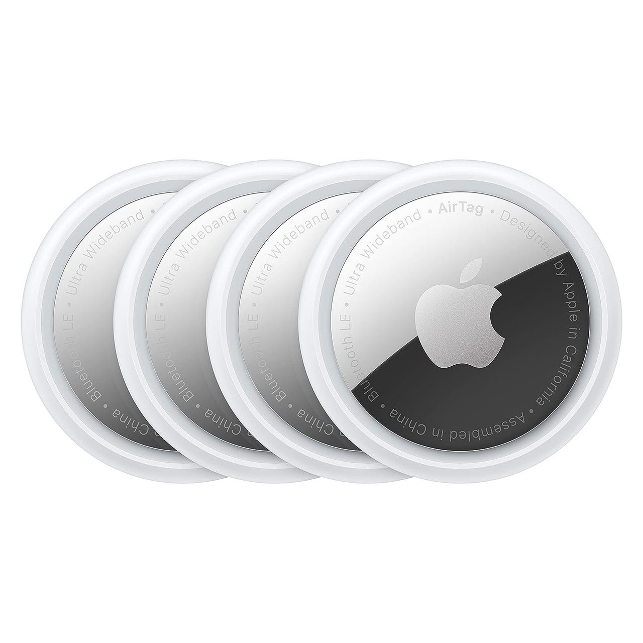 A stack of four white and silver circular tracking devices with a prominent logo in the center.