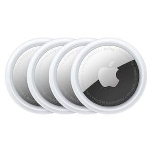 A stack of four white and silver circular tracking devices with a prominent logo in the center.