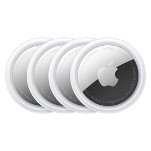 A stack of four white and silver circular tracking devices with a prominent logo in the center.