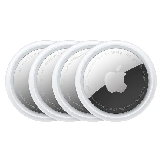 A stack of four white and silver circular tracking devices with a prominent logo in the center.