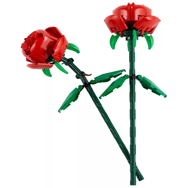 Two LEGO floral models resembling red roses with green stems and leaves, designed as buildable decorative pieces.
