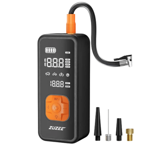 Portable digital air pump with LED display and various nozzle attachments for inflating tires and sports equipment.