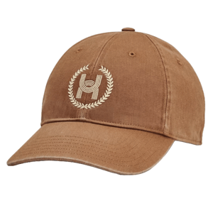 Brown UA SportStyle Adjustable Hat with an embroidered white \“H\“ surrounded by a laurel wreath on the front.