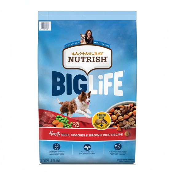 A bag of Rachael Ray Nutrish Big Life dry dog food featuring hearty beef, veggies, and brown rice recipe, with a picture of a dog and vegetables.