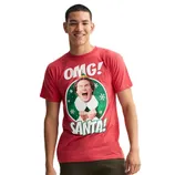 Red t-shirt featuring a graphic of an excited man with the text \“OMG! SANTA!\“ in a festive green and white color scheme.