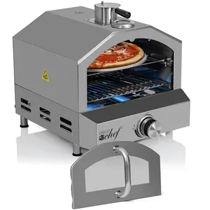 Countertop gas-powered pizza oven with a pizza inside, featuring a dial control and a front handle.