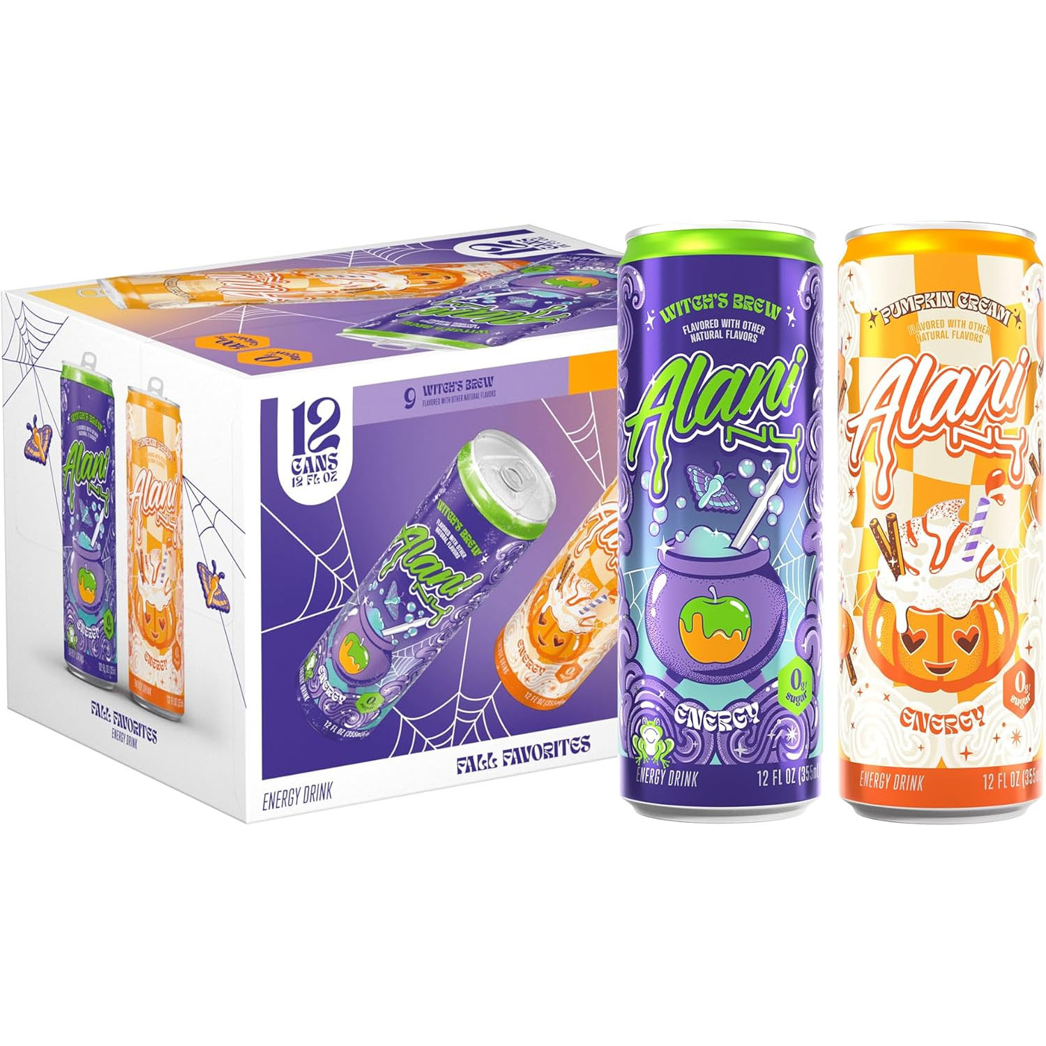 Alani Energy Drink Fall Favorites pack features 12 cans, showcasing \“Witch's Brew\“ and \“Pumpkin Cream\“ flavors with vibrant Halloween-themed designs.