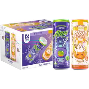 Alani Energy Drink Fall Favorites pack features 12 cans, showcasing \“Witch's Brew\“ and \“Pumpkin Cream\“ flavors with vibrant Halloween-themed designs.