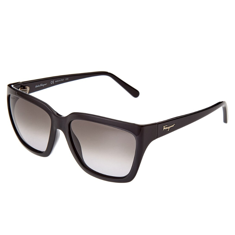 Black sunglasses with a sleek frame and gradient lenses, featuring the Ferragamo logo on the temples.