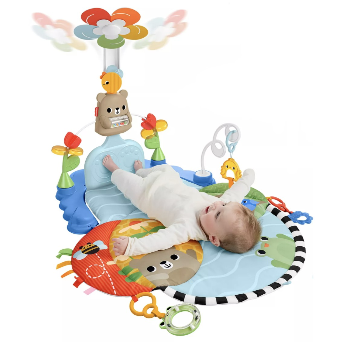 A colorful baby activity gym featuring a play mat with animal designs, hanging toys, and an overhead spinning mobile with lights and music, designed to engage and entertain infants.