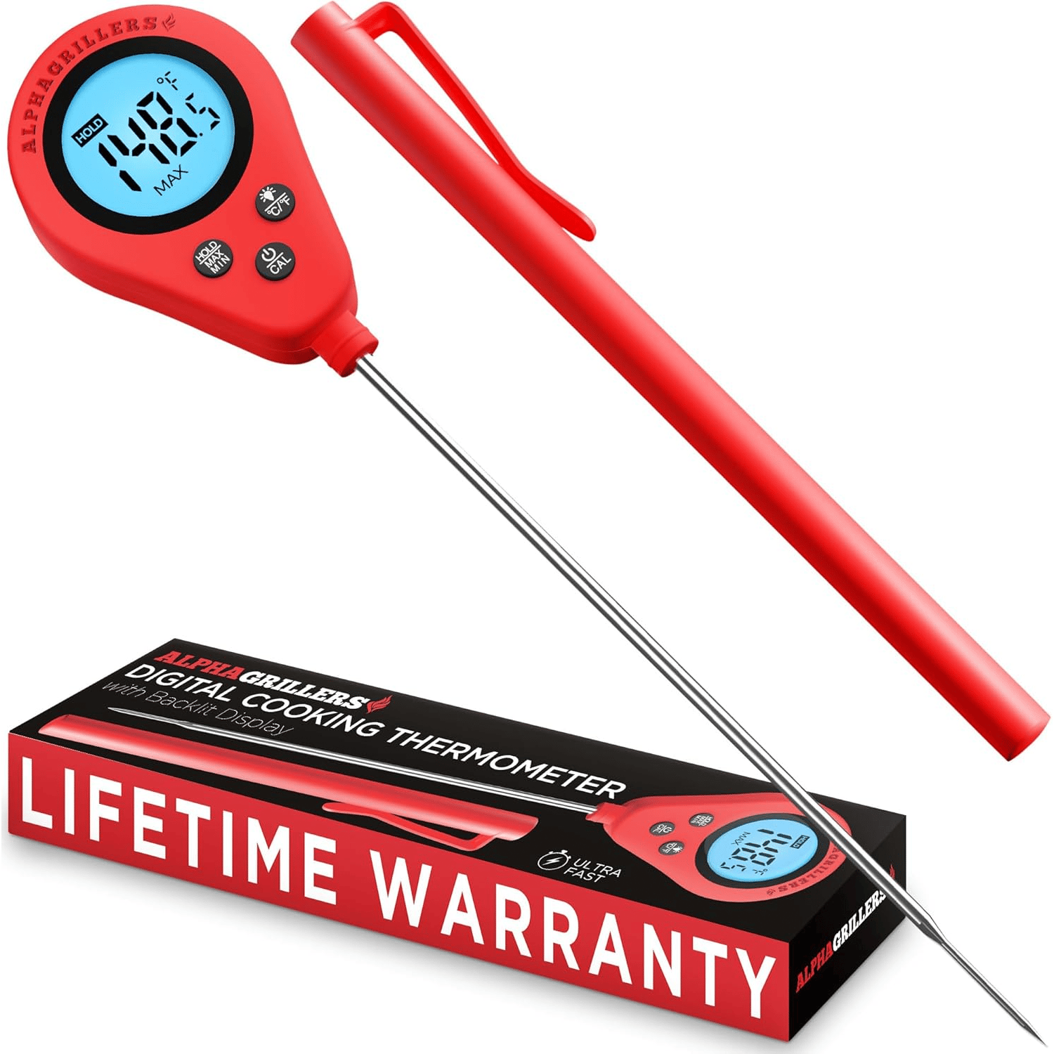 Alpha Grillers digital cooking thermometer with backlit display and protective sleeve, featuring a lifetime warranty.