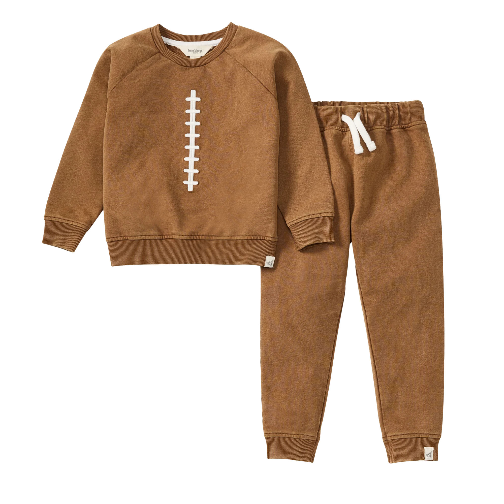 Brown sweatshirt and sweatpants set with a stitched football lace design on the top, featuring elastic waistband with drawstring and ribbed cuffs.