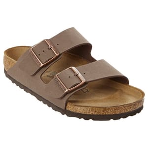A brown sandal with two adjustable straps and copper buckles, featuring a cork footbed and a textured rubber sole.