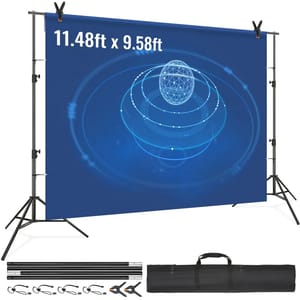 Blue photography backdrop set with dimensions 11.48ft x 9.58ft, featuring a design with interconnected circles and a globe. Includes stands, clamps, support rods, and a carrying bag.