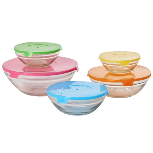 The Kitchenworks 10pc Glass Bowls & Lids set includes five clear glass bowls with lids in green, pink, blue, yellow, and orange.