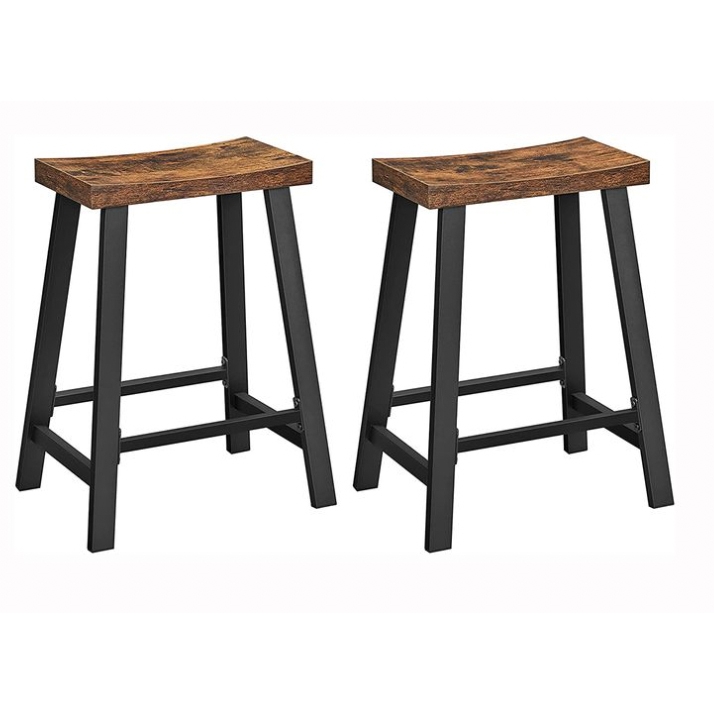 Two wooden bar stools with black metal legs, featuring a slightly curved seat design for comfort and stability.