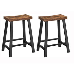 Two wooden bar stools with black metal legs, featuring a slightly curved seat design for comfort and stability.