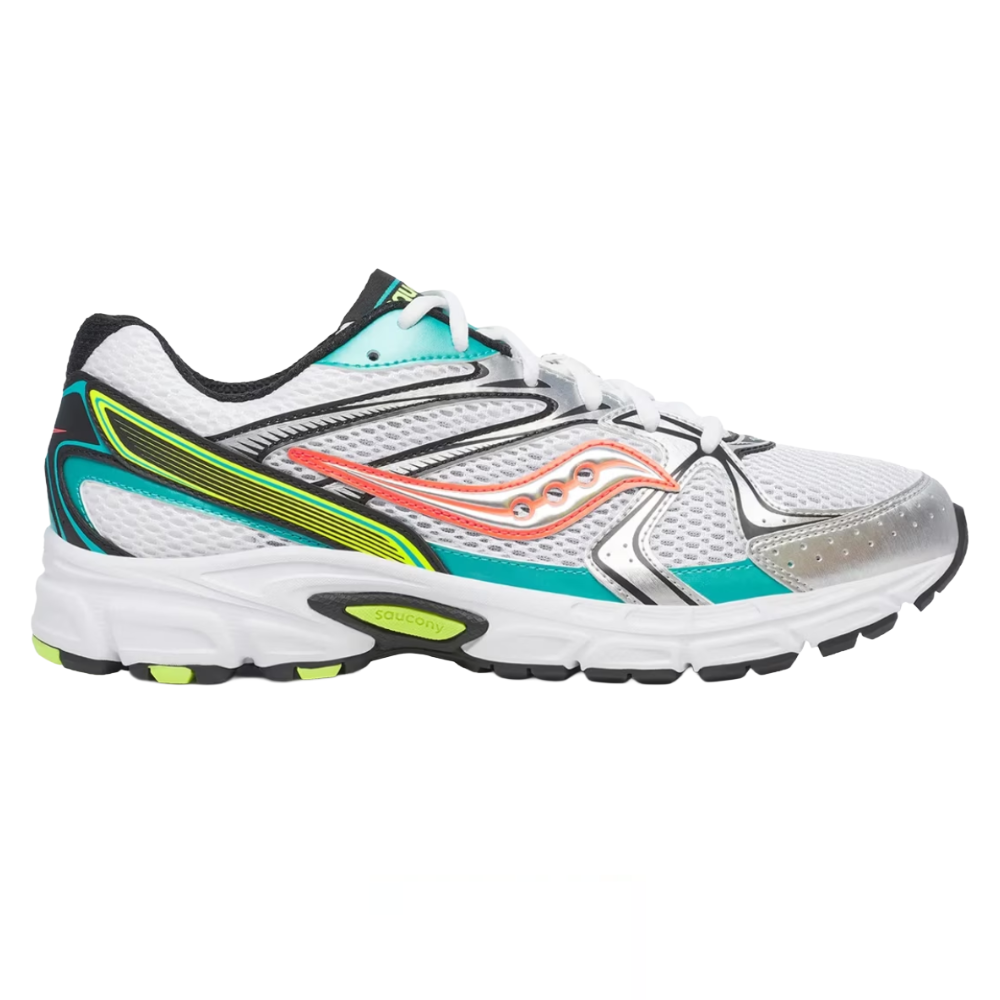 A colorful Saucony running shoe with a mesh upper, featuring white, teal, and neon accents, with a cushioned sole for comfort.