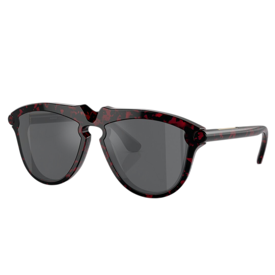 Black sunglasses with a red tortoiseshell pattern on the frames and dark lenses.