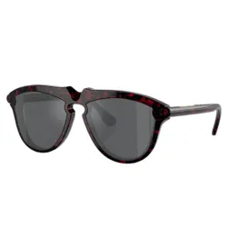 Black sunglasses with a red tortoiseshell pattern on the frames and dark lenses.