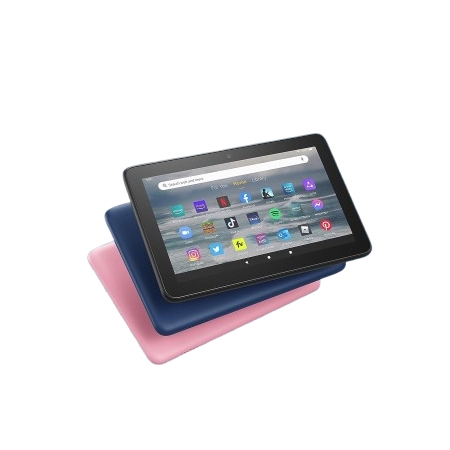 Three stacked tablets in pink, blue, and black are displayed, with the top one showing various app icons on its screen.