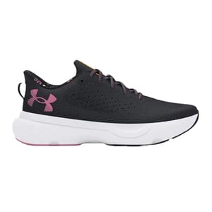 UA Women's Infinite Shoes feature a sleek black upper with a pink logo, breathable perforations, cushioned white midsole, and black outsole; designed for comfort and performance.