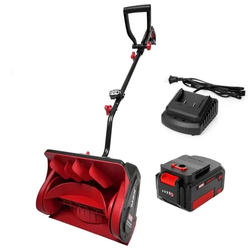 Red and black cordless electric snow shovel with a D-shaped handle, alongside a battery pack and charger.