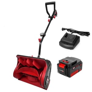 Red and black cordless electric snow shovel with a D-shaped handle, alongside a battery pack and charger.