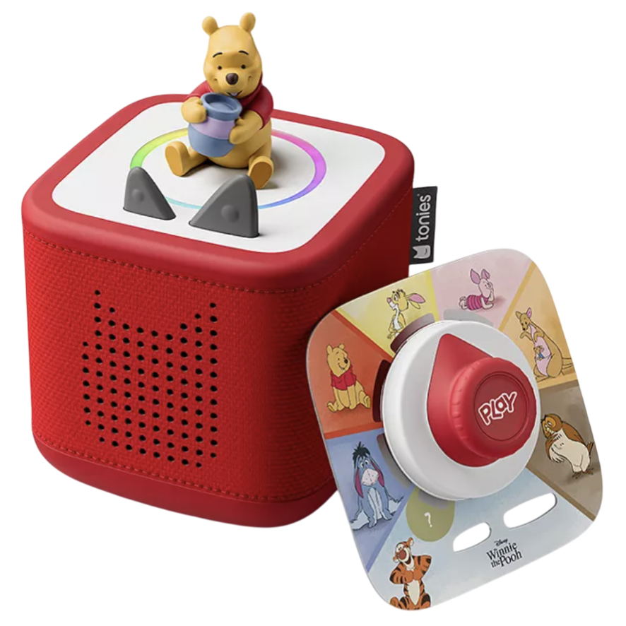 A Toniebox audio player with a Winnie the Pooh figure on top. It includes a red play button surrounded by images of Pooh and friends like Piglet, Eeyore, Tigger, and more.