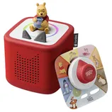 A Toniebox audio player with a Winnie the Pooh figure on top. It includes a red play button surrounded by images of Pooh and friends like Piglet, Eeyore, Tigger, and more.