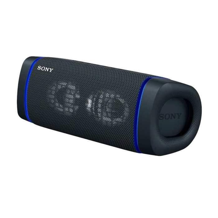 Sony portable speaker with a black cylindrical design, highlighting dual drivers and a passive radiator. Features blue accents and a mesh grille for sound dispersion.