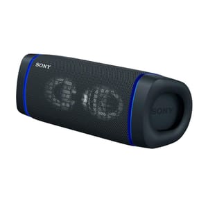 Sony portable speaker with a black cylindrical design, highlighting dual drivers and a passive radiator. Features blue accents and a mesh grille for sound dispersion.