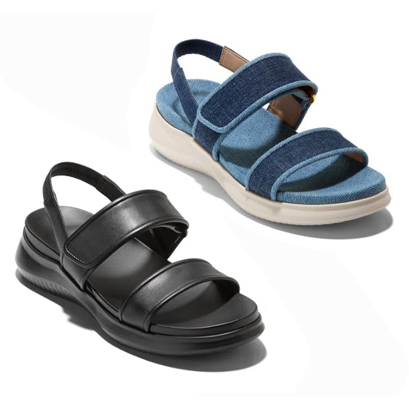 Two pairs of Cole Haan women's sandals are shown; one in blue denim fabric with a white sole, the other in black leather with a black sole, both featuring thick straps and chunky soles.